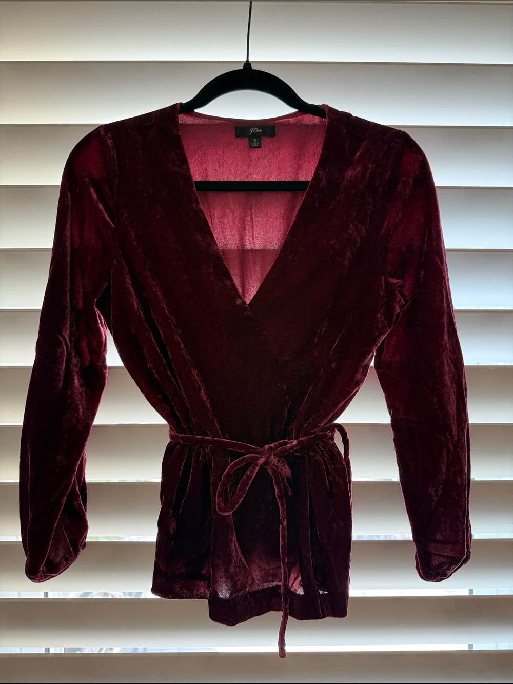 J. Crew Velvet Wrap Blouse in Deep Burgundy